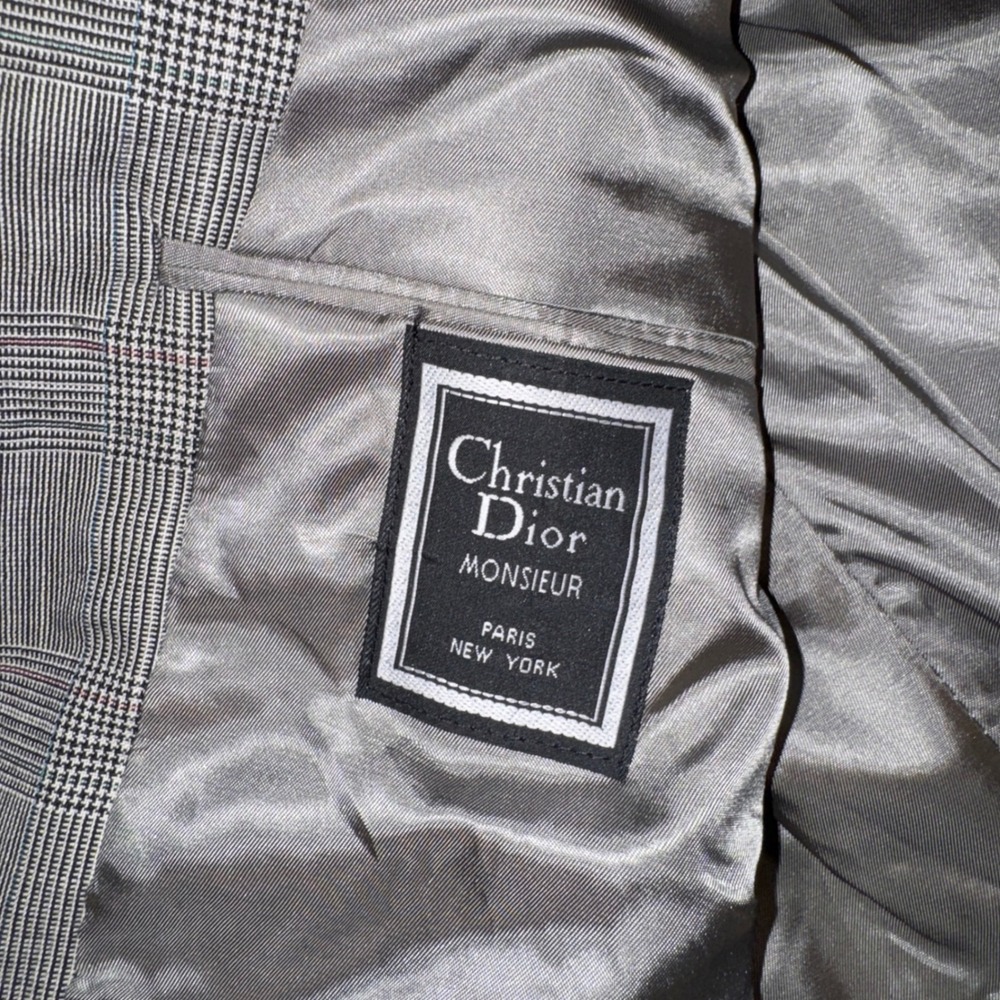 Vintage 80s Christian Dior Monsieur 42R Grey Glen Plaid Wool Blazer Sport Coat - Picture 7 of 8